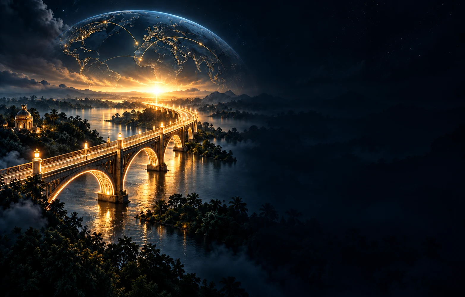 Conceptual artwork of an illuminated bridge becoming a global passage.